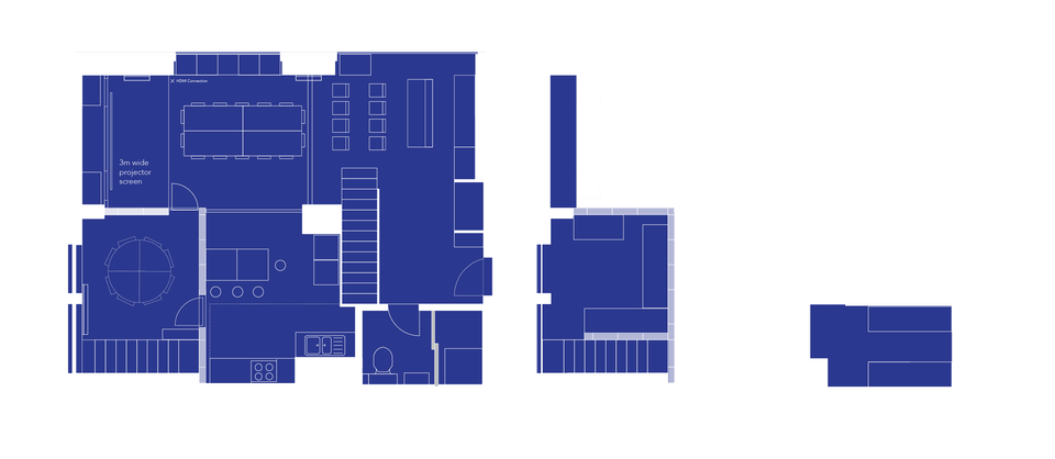 Floor plans: ground floor and mezzanine level, 9.6m by 8m, with a 3m wide projector screen